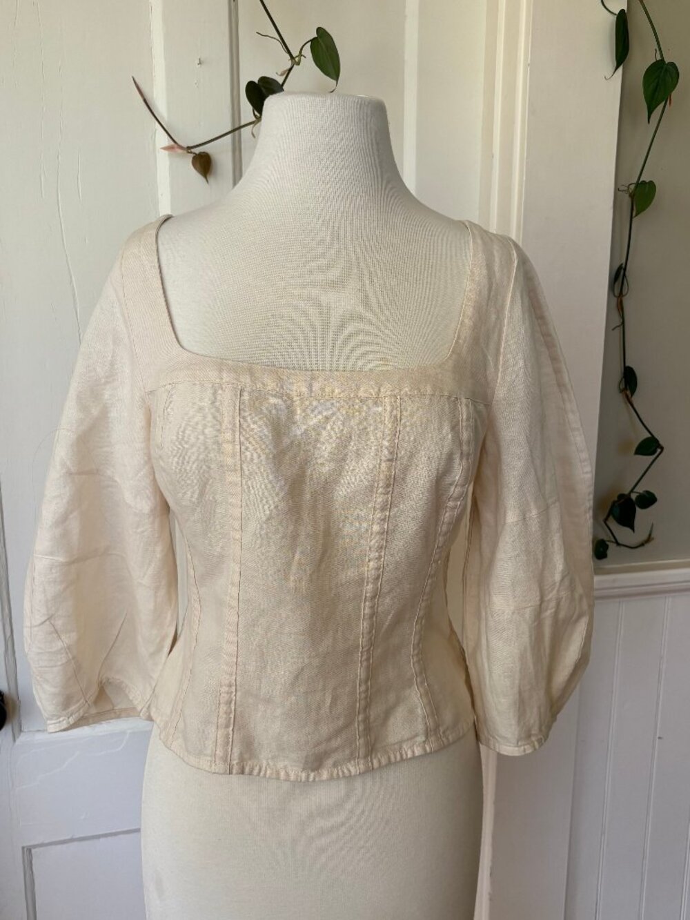 White Creme Banana Republic Linen-Blend Seamed Top Square Neck Smocked Balloon - Picture 5 of 16